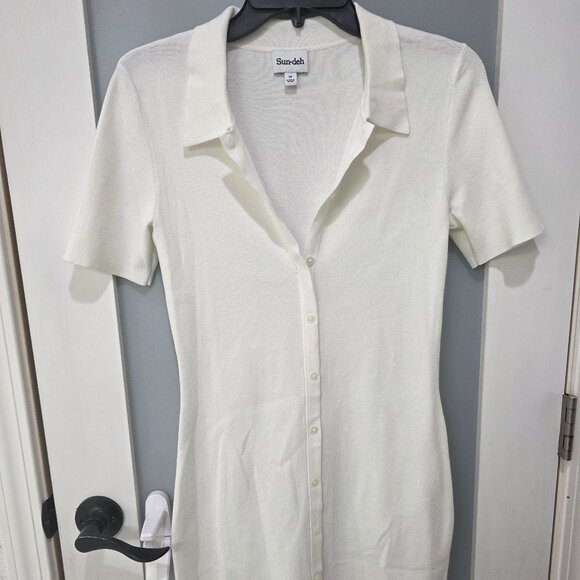 sundeh Dresses & Skirts - Sundeh Women’s White Button-Down Polo Collar Mini Dress – Size M – Short Sleeve